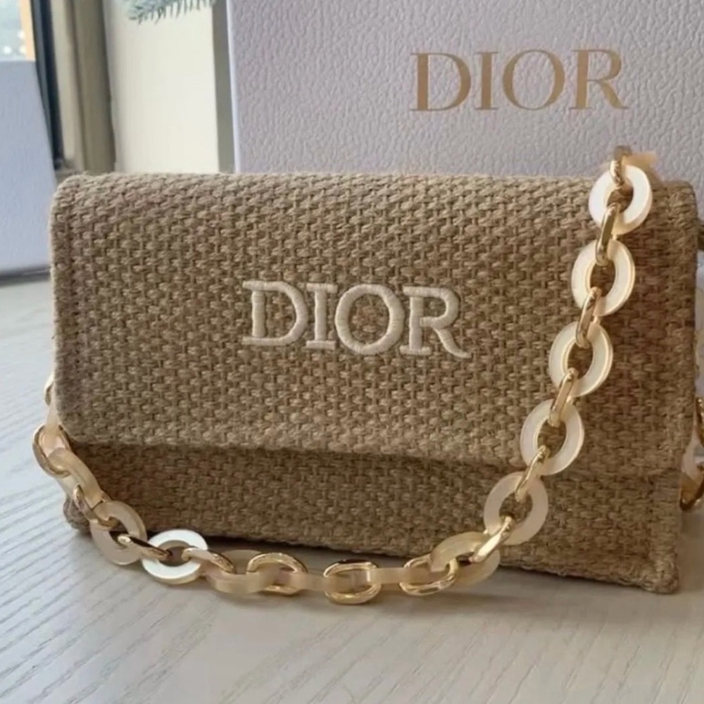 Dior Beige Woven Clutch with Gold Chain